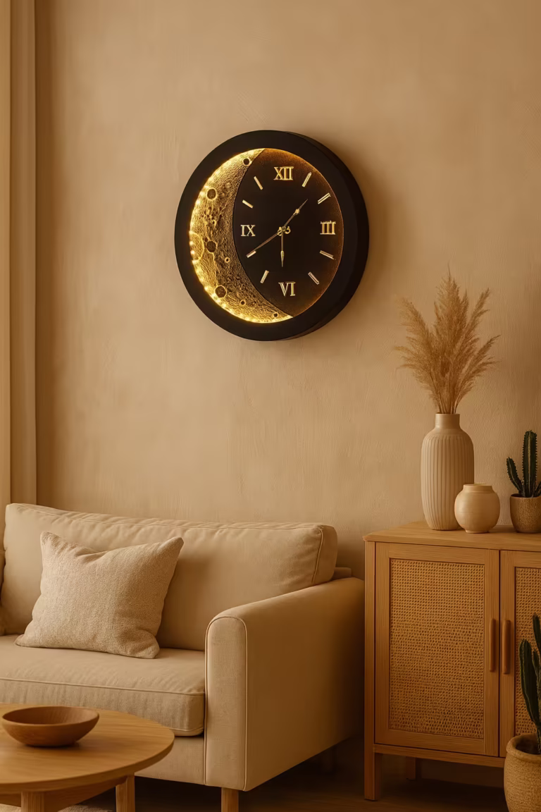 Ręcznie wykonany zegar 36 cm z ciepłym podświetleniem LED