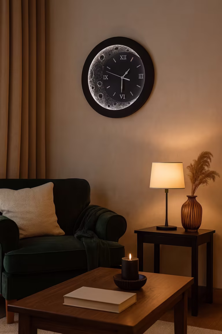 Ręcznie wykonany zegar księżycowy 48 cm z neutralnym podświetleniem